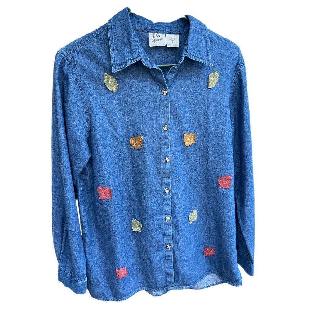 Vintage LG size M oversized denim button down suede tunic leaves